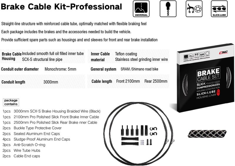 CNC Road Bike Brake Cable Kit,Universal Brake Cable Housing Coated Braided & Teflon Inner line For Bicycle Road Bike（Black/Gold/Silver/Titanium silver） - Image 2